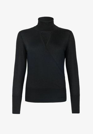 Pull à col roulé noir avec un design enveloppant et une découpe en forme de trou de serrure à l'avant, des poignets côtelés et un ourlet, confectionné dans un matériau doux et texturé.