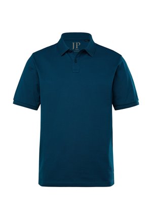 Dunkeltürkisfarbene Poloshirt aus Baumwolle, mit einem Zwei-Knopf-Verschluss, kurzen Ärmeln und einem dezenten Logo am Kragen. Glatte Textur.