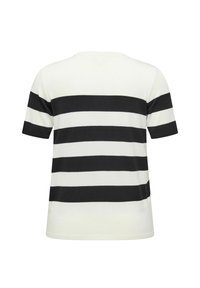 T-shirt a maniche corte a righe con strisce orizzontali alternate bianche e nere, colletto rotondo e texture morbida e liscia.