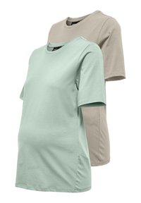 Dos camisetas de manga corta: una en verde menta y otra en beige, hechas de algodón suave con escotes redondos y aberturas laterales para mayor comodidad.