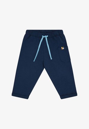 Marineblaue Baumwoll-Jogginghosen mit einem Kordelbund, gerippten Säumen und einer Seitentasche mit einem bunten Aufnäher. Glatte Textur.