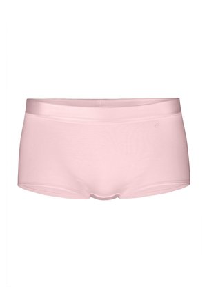 Boxer in rosa pallido, realizzati in tessuto morbido, con una fascia elastica liscia e bordi senza cuciture, caratterizzati da un logo discreto sul lato.