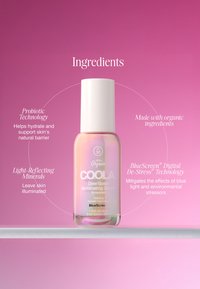 COOLA Dew Good Illuminating Serum bottle with SPF 30, highlighting probiotic technology, light-reflecting minerals, blue light protection, and organic ingredients.