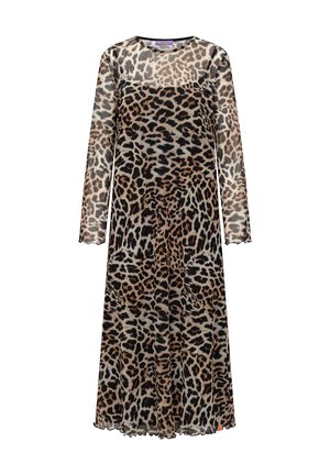 Długa, przezroczysta sukienka w panterkę z okrągłym dekoltem i midi długością.