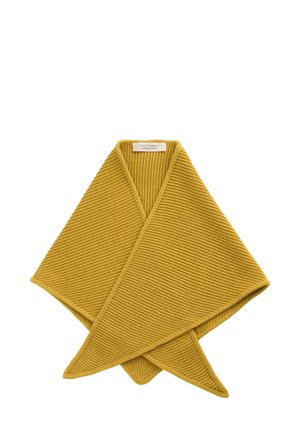 Žebrast rumeno rumen šal iz organskega bombaža z V-obliki in zašiljenimi konci za vsestransko oblikovanje.