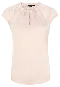Blouse à manches courtes rose clair avec un col froncé et un pli central. Tissu lisse au toucher doux avec un ourlet arrondi.