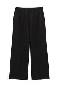 Zwarte wijde broek van textiel met een elastische tailleband en twee zijzakken. Rechtafgaande snit met een losse pasvorm.