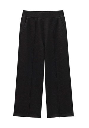 Pantaloni neri a gamba larga realizzati in un tessuto texturizzato, con vita elastica e due tasche laterali. Design a gamba dritta con vestibilità ampia.