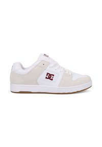 White sneaker with grey suede accents, DC logo in burgundy, lace-up design, rubber sole, and cushioned collar for comfort.