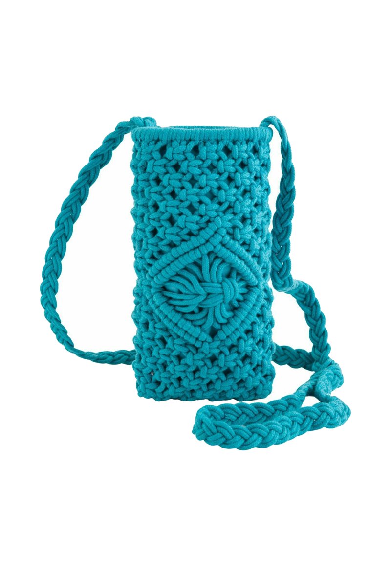 Turquoise crochet crossbody bag with a braided strap, featuring a diamond pattern and textured finish. Compact rectangular shape.