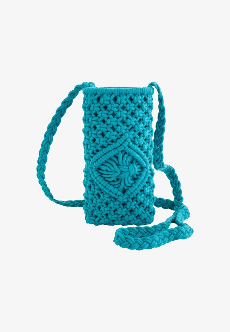Turquoise crochet crossbody bag with a braided strap, featuring a diamond pattern and textured finish. Compact rectangular shape.