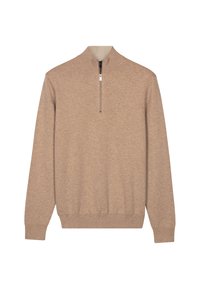 Beige, lichtgewicht pullover trui met een hoge kraag, halve rits, lange mouwen en ribbelboord, gemaakt van een zachte, gestructureerde stof.