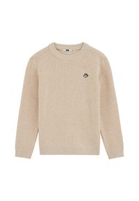 Beige megztinis su apvali iškirpte, raukšlėtomis rankovėmis ir apačia. Yra mažas juodas išsiuvinėtas raštas ant krūtinės. Audinys su tekstūra.