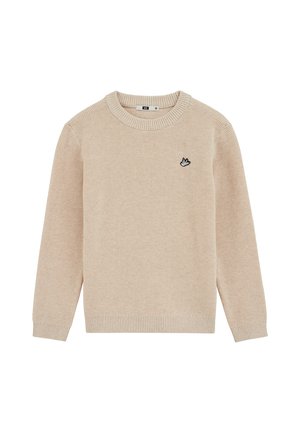 Beige gebreide trui met een ronde halslijn, ribbelmanchetten en -zoom. Bevat een klein zwart geborduurd ontwerp op de borst. Textuurstof.