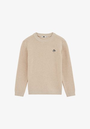 Maglione beige a maglia con collo rotondo, polsini e orlo a coste. Presenta un piccolo motivo ricamato nero sul petto. Tessuto strutturato.