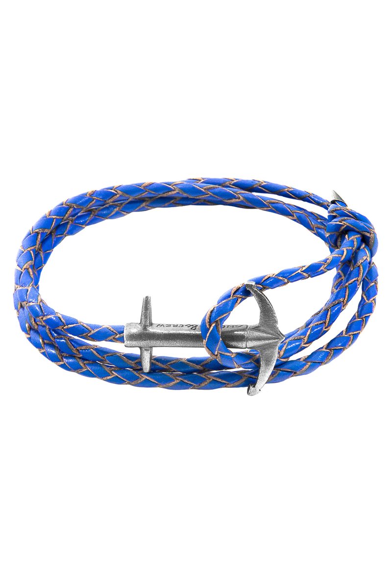 Blue braided leather bracelet featuring a silver anchor clasp, with an intricate weave and brown accent stitching in the design.