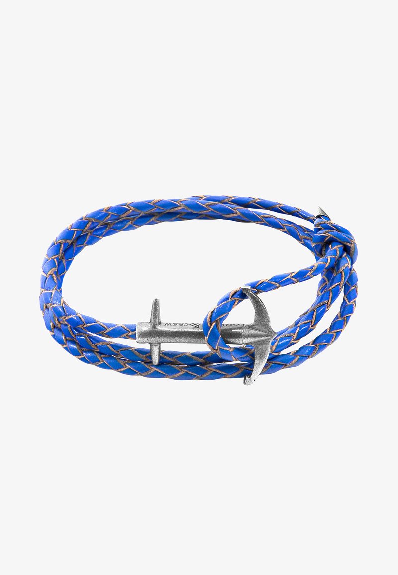 Blue braided leather bracelet featuring a silver anchor clasp, with an intricate weave and brown accent stitching in the design.