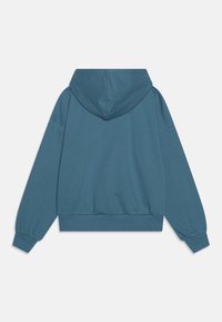 Sudadera de algodón azul con capucha ajustable, puños y dobladillo acanalados, que presenta un ajuste holgado y una textura suave. Vista trasera sin logotipos visibles.