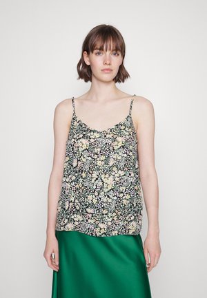 Camisola floral com alças finas, apresentando um fundo preto e um padrão de pequenas flores cor-de-rosa, amarelas e brancas. Tecido leve.