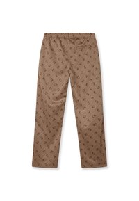 Brązowe spodnie z nadrukiem, z elastycznym pasem, zdobione geometrycznym wzorem o gładkiej, błyszczącej fakturze. Prosty krój nogawek.