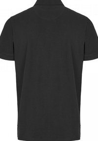 Black polo shirt featuring a classic collar, short sleeves, and a smooth cotton texture, with a minimalistic design and no visible logos.