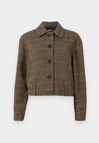 Veste cropped en houndstooth marron avec un col, six boutons noirs et des lignes contrastantes rouges et beiges à travers la texture tissée.