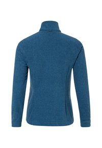 Giacca in pile blu, con colletto a zip, maniche lunghe, texture liscia, design aderente e cuciture piatte per un aspetto elegante.