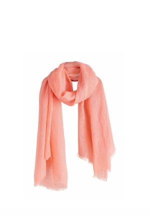 Soft coral pink lightweight scarf with subtle frayed edges, loosely draped and looped in the center.