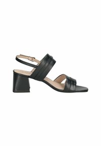 Must musta slingback sandaal plokke kontsaga, millel on kaks laia rihma ees ja pandla sulgemine pahkluul.