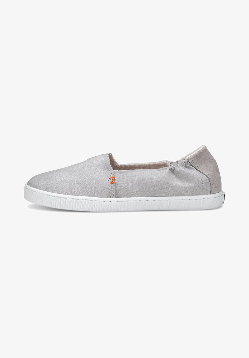 Gray canvas slip-on shoe with elastic detailing at the opening, white rubber sole, and small orange logo near the toe. Smooth texture.