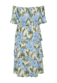Robe à épaules dénudées avec un motif floral bleu sur fond blanc, présentant des couches froncées et des accents de feuilles vertes. 