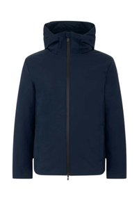 Giacca blu navy con zip frontale completa, cappuccio, tasche laterali e tessuto liscio. Caratterizzata da un design minimalista e senza loghi visibili.