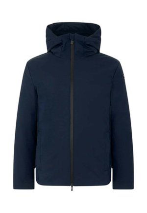 Giacca blu navy con zip frontale completa, cappuccio, tasche laterali e tessuto liscio. Caratterizzata da un design minimalista e senza loghi visibili.