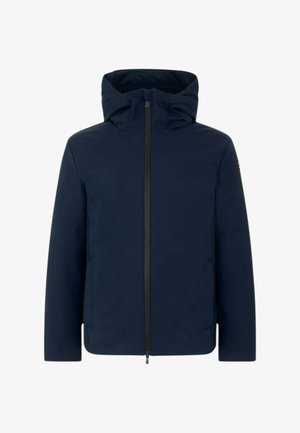 Giacca blu navy con zip frontale completa, cappuccio, tasche laterali e tessuto liscio. Caratterizzata da un design minimalista e senza loghi visibili.