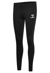 Czarne dopasowane legginsy sportowe z białym logo Hummel na górnej lewej części uda, z gładkim pasem i detalami szwów.