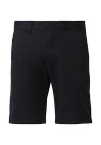 Schwarze knielange Shorts mit Gürtelschlaufen, vorderem Knopf und seitlichen Taschen, auf einem weißen Hintergrund präsentiert.