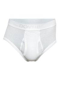 Hvite bomullstruser med myk, elastisk midjebånd som har 'DOVRE' i et subtilt mønster. Forsiden har en glatt tekstur og en konturert design.