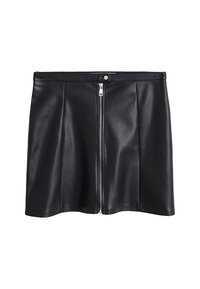 Falda de cuero negro con cierre de cremallera frontal, diseño plisado y textura suave. La cinturilla es simple, sin acentos adicionales.