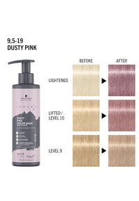 Stoffige roze kleur masker in een pompflacon van 300 ml. Heeft een zachtroze etiket met zwarte accenten. Toont haarkleurresultaten voor en na gebruik.