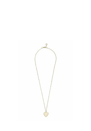 Delicate gold chain necklace with small bead accents and a polished heart-shaped pendant centered at the bottom.