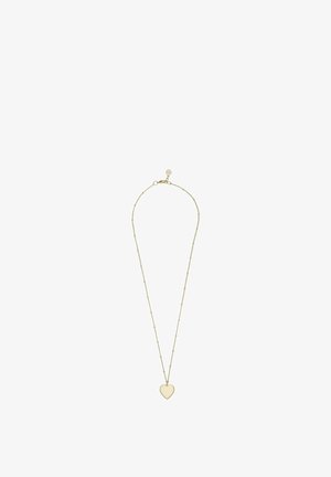 Delicate gold chain necklace with small bead accents and a polished heart-shaped pendant centered at the bottom.