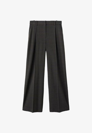 Wide-leg trousers in a dark checked pattern, featuring a tailored design, pleats, and a smooth fabric texture. Classic waistband.