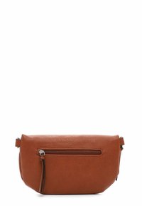 Brun handväska i faux läder med en dragkedjefrontficka och slät yta. Rund form, kompakt design och minimalistiska hårdvarudetaljer.