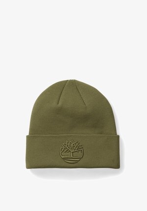 Olivgrüner Strickmütze mit einem Umschlag und gesticktem Baum-Logo. Weiches Material, angenehme Passform und glatte Textur. Einfaches und funktionales Design.