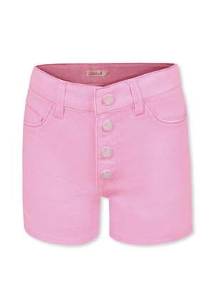 Shorts en denim rose taille haute avec fermeture à cinq boutons. Équipés de deux poches avant et d'une texture lisse.