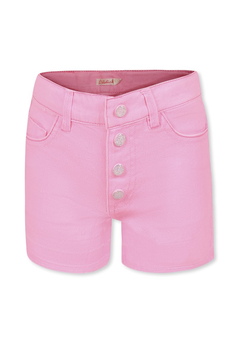 Roze denim shorts met een hoge taille en een sluiting met vijf knopen. Heeft twee zijzakken en een gladde textuur.