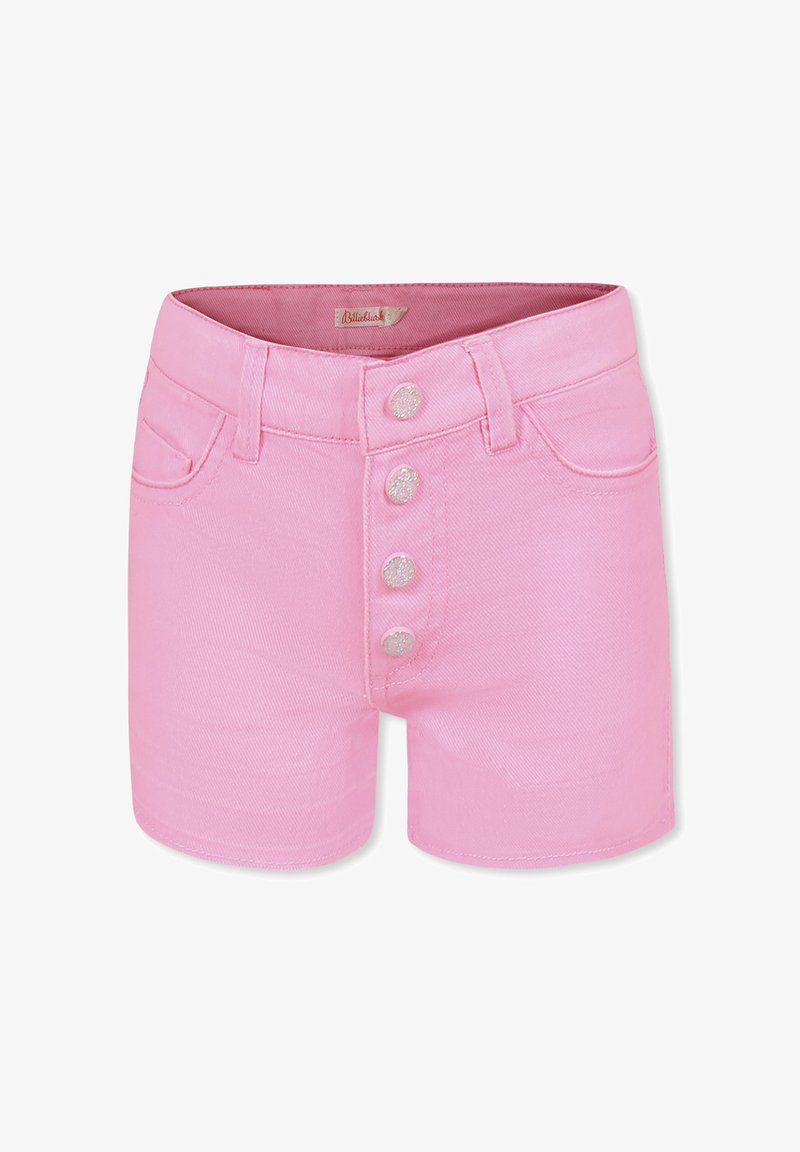 Shorts en denim rose taille haute avec fermeture à cinq boutons. Équipés de deux poches avant et d'une texture lisse.
