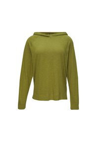 Olivgrüner Kapuzenpullover mit langen Ärmeln, rundem Halsausschnitt und einer Vorderentasche. Weicher, strukturierter Stoff mit lockerer Passform und geripptem Saum.