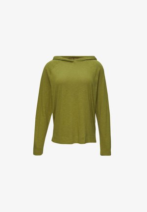 Sweat à capuche vert olive avec des manches longues, un col arrondi et une poche frontale. Tissu doux et texturé avec une coupe décontractée et un ourlet côtelé.