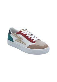 Baskets multicolores en cuir blanc, avec du daim en teal et beige, un éclair doré et une semelle en caoutchouc blanc texturé.